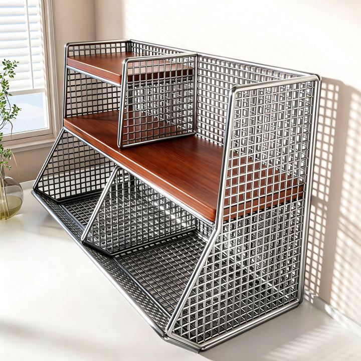 Kitchen Countertop Multi-Tier Wire Mesh Storage Organizer with Wooden Display Shelves