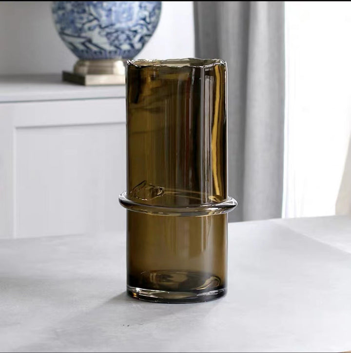 Hand-Blown Smoked Glass Cylindrical Centerpiece Vase with Decorative Mid-Ring