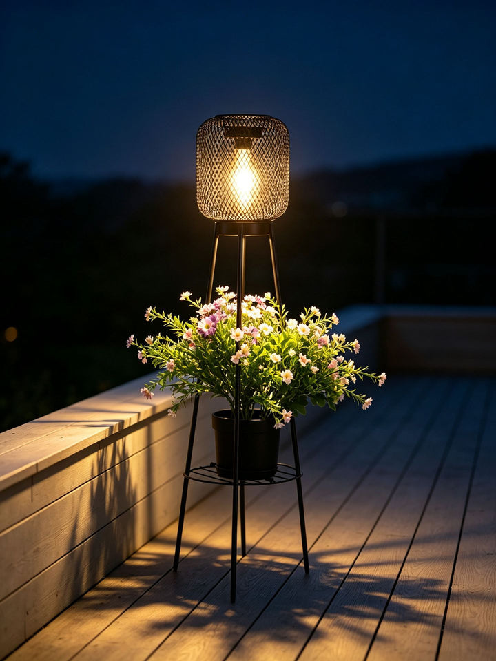 Outdoor Solar Lantern Planter Stand with Net Shade and Three Leg Base
