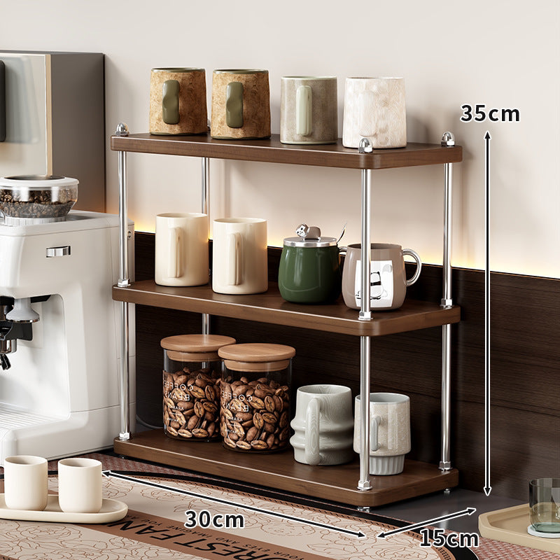 Compact Three-Tier Countertop Wooden Kitchen Shelf Organizer with Metal Rod Supports