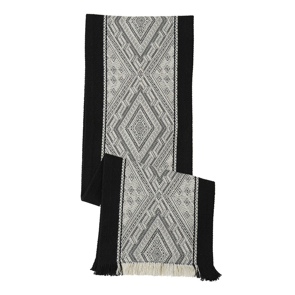 Handwoven table and console runner made of cotton blend fabric with geometric diamond pattern and fringes