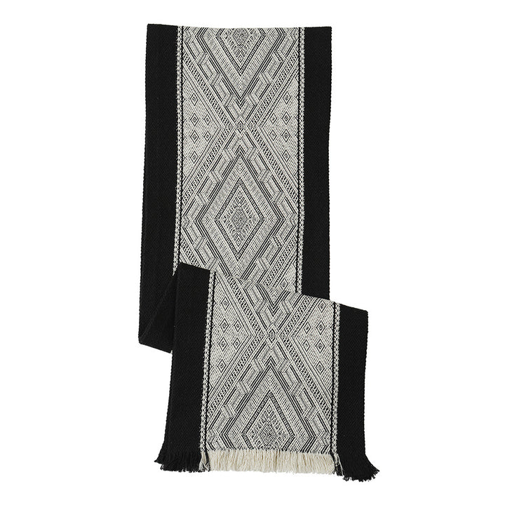 Handwoven table and console runner made of cotton blend fabric with geometric diamond pattern and fringes