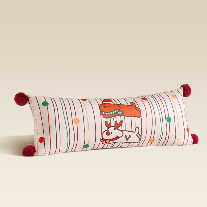 Long neck and decorative cushion with check pattern, dog Christmas tree application and pompom