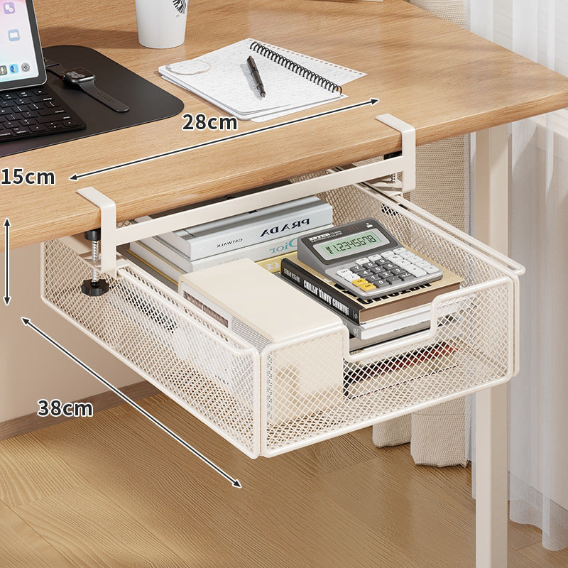 Clamp-On Under-Table Sliding Mesh Drawer with Adjustable Rail and Ventilated Metal Basket