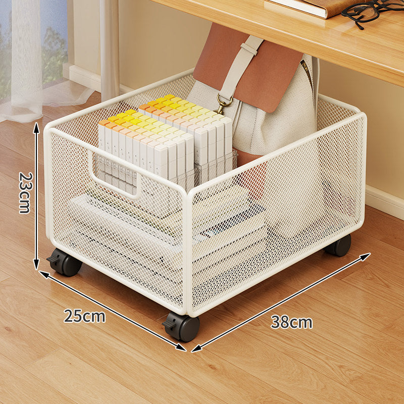 Under-Desk Mesh Rolling Storage Basket with Locking Swivel Casters and Integrated Carry Handle