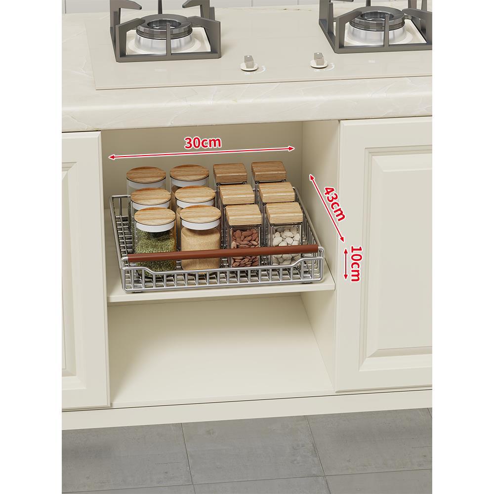 Pull-Out Sliding Under-Cabinet Wire Basket Organizer with Wooden Front Handle