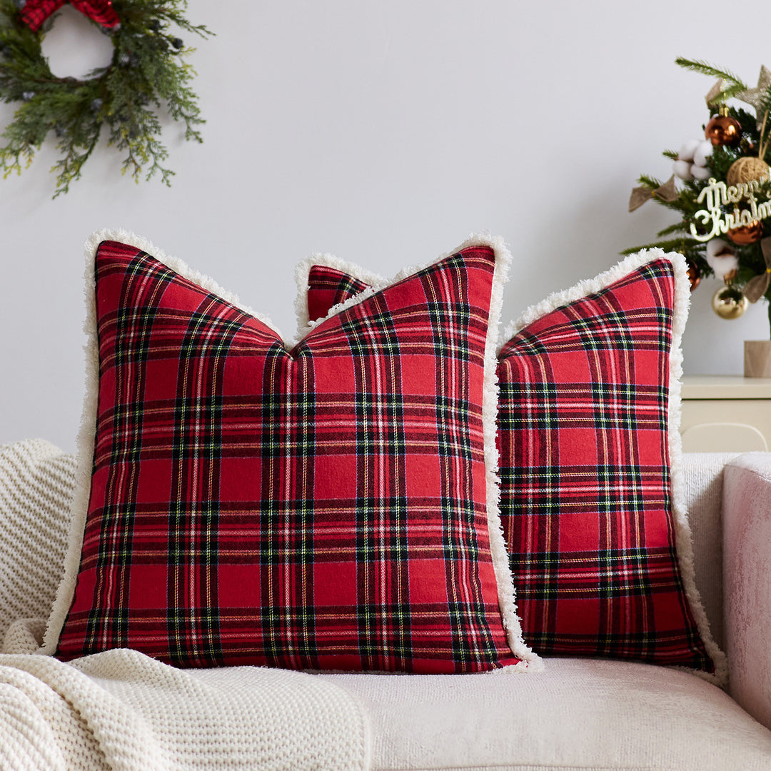 Plaid Sherpa-Trim Square Decorative Throw Pillow Cover