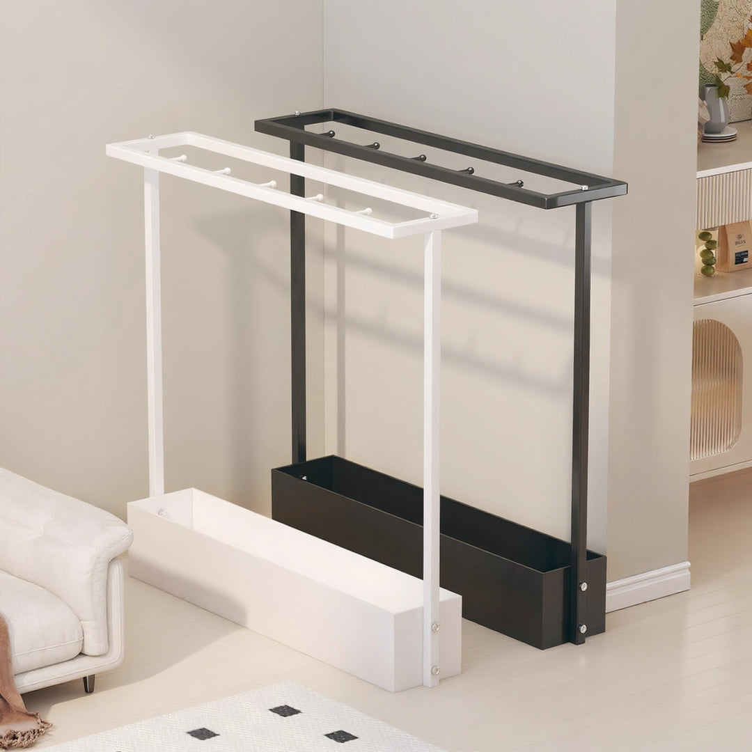 Slim Vertical Umbrella and Cane Stand with Integrated Drip Tray and Top Hook Rack