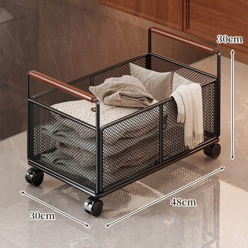 Rectangular Metal Mesh Storage Basket with Dual Wood-Hand Grips