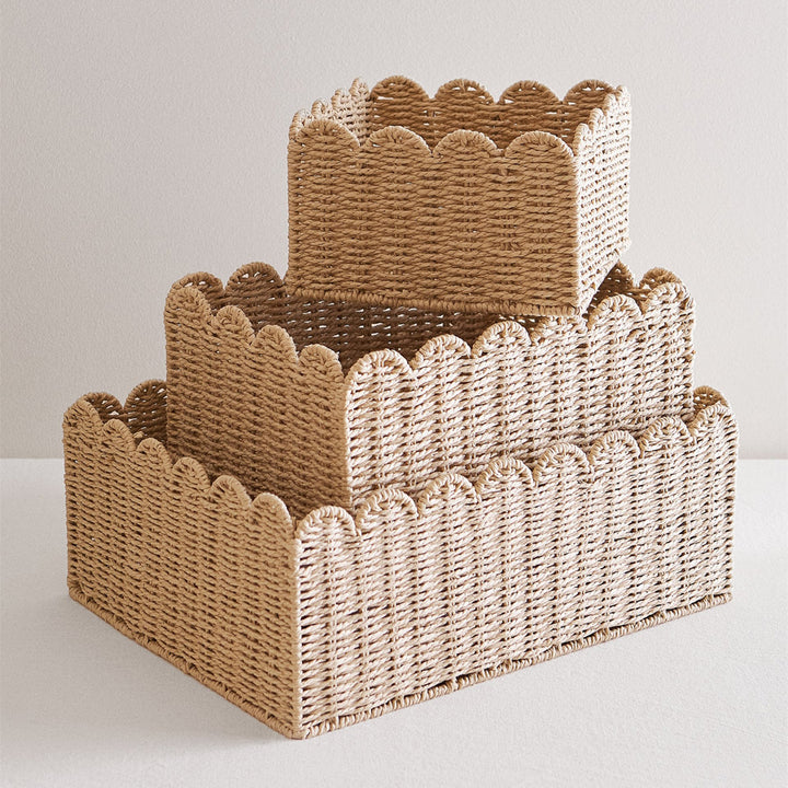 Handcrafted storage basket with curved edge
