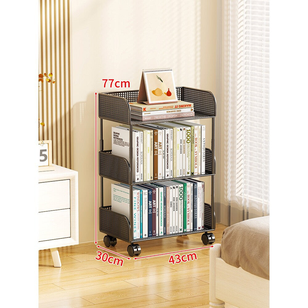 Narrow Mesh Mobile Bookcase with Deep Wire Baskets and Locking Swivel Casters