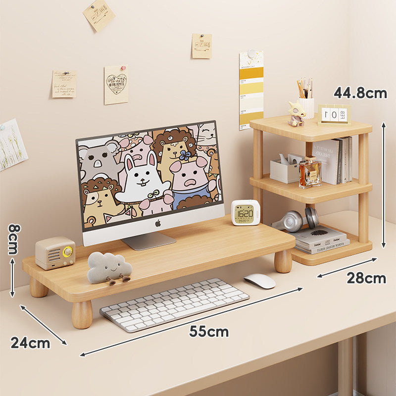 Solid Wood Low-Profile Monitor and Display Riser with Rounded Peg Legs and Keyboard Slide-Out Space