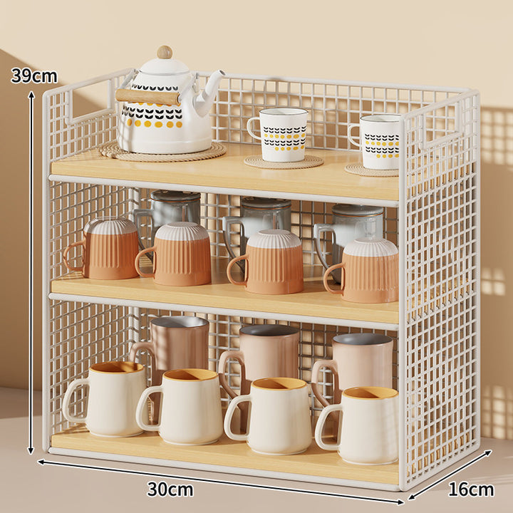 Three-Tier Wire Grid Countertop Display Shelf with Faux-Wood Removable Trays