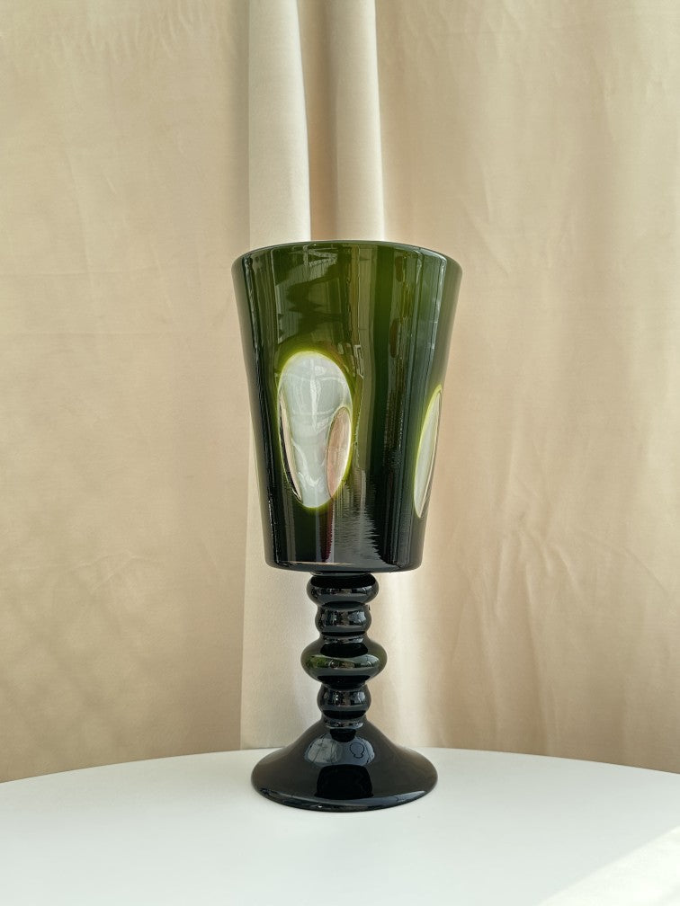 Hand-Blown Tall Pedestal Goblet-Form Glass Vase with Stacked Knob Stem
