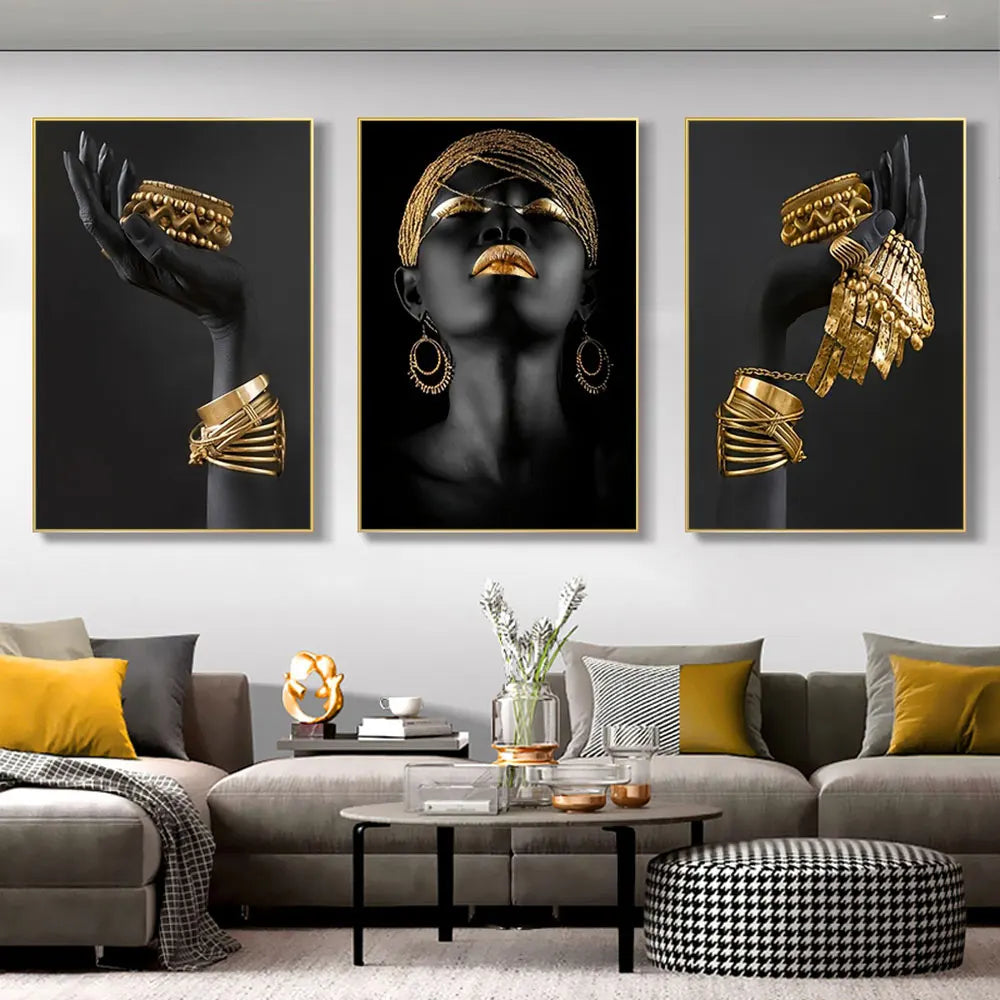 Set of 3Pcs Black Golden Woman Portrait Wall Art Fine Art Canvas Prints Pictures For Luxury Living Room Dining Room Home Office Decor