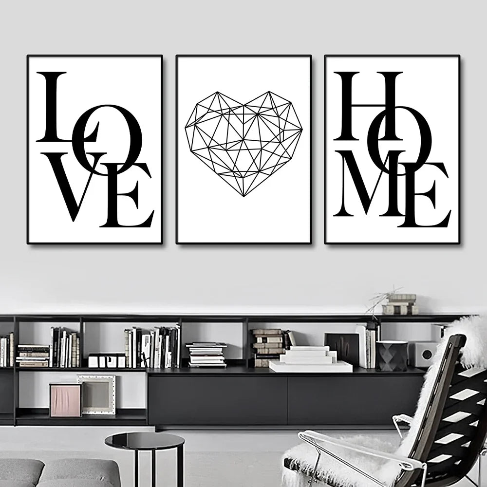 Set of 3Pcs Geometric Love Home Heart Wall Art Fine Art Canvas Prints Black White Minimalist Posters Pictures For Living Room Bedroom Art Decor