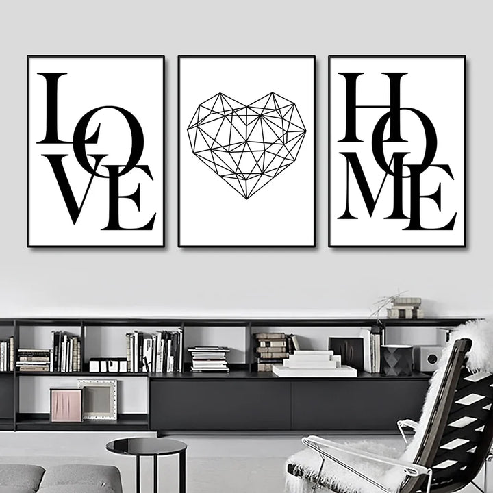 Set of 3Pcs Geometric Love Home Heart Wall Art Fine Art Canvas Prints Black White Minimalist Posters Pictures For Living Room Bedroom Art Decor