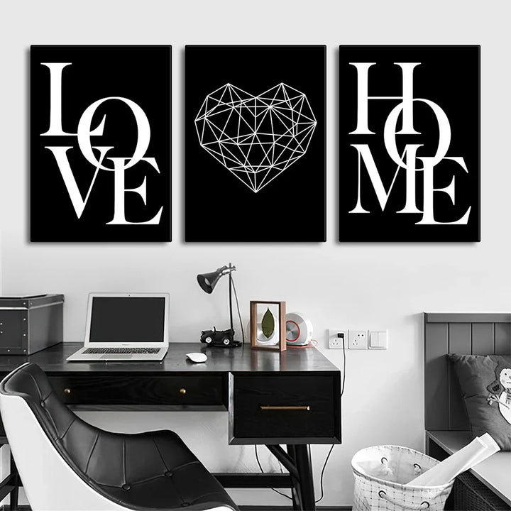 Set of 3Pcs Geometric Love Home Heart Wall Art Fine Art Canvas Prints Black White Minimalist Posters Pictures For Living Room Bedroom Art Decor