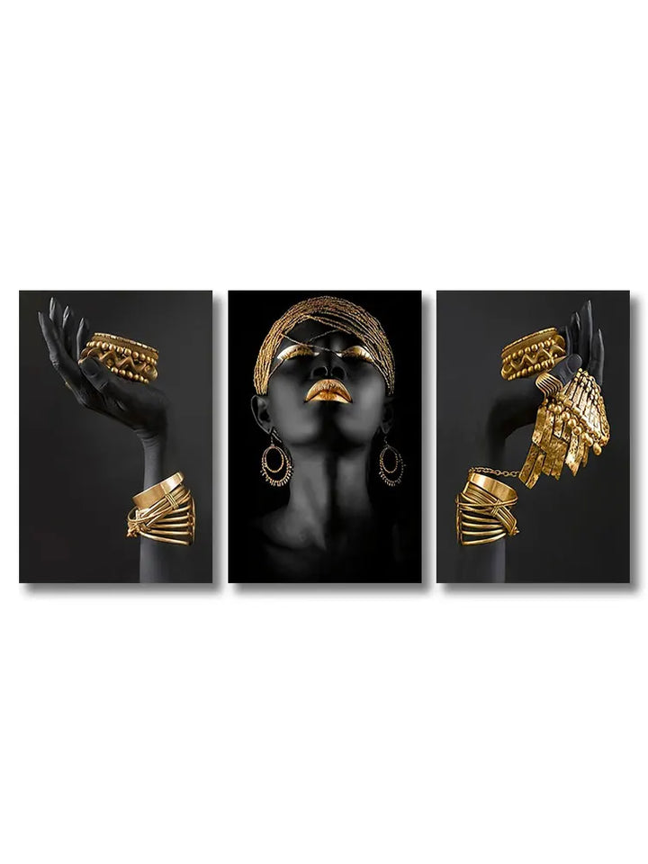 Set of 3Pcs Black Golden Woman Portrait Wall Art Fine Art Canvas Prints Pictures For Luxury Living Room Dining Room Home Office Decor
