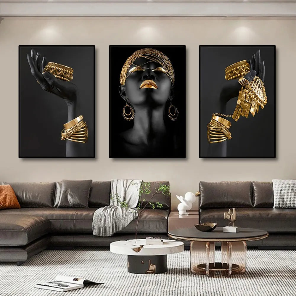 Set of 3Pcs Black Golden Woman Portrait Wall Art Fine Art Canvas Prints Pictures For Luxury Living Room Dining Room Home Office Decor