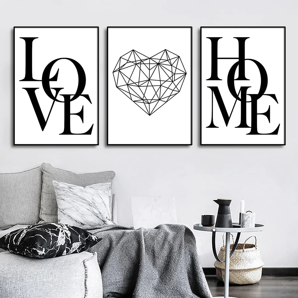 Set of 3Pcs Geometric Love Home Heart Wall Art Fine Art Canvas Prints Black White Minimalist Posters Pictures For Living Room Bedroom Art Decor