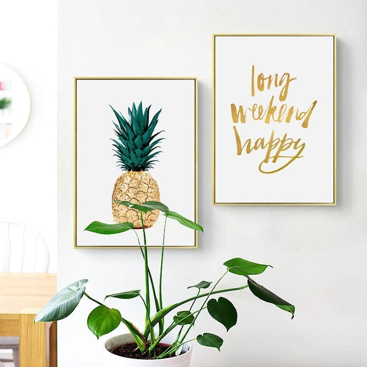 Gold Pineapple Tropical Turtle Leaf Modern - Canvas Wall Art Painting