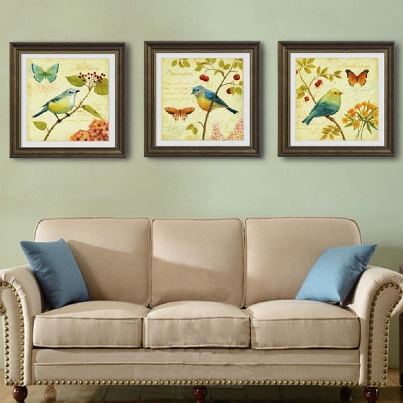 Vintage Europe Birds Butterfly Flowers - Canvas Wall Art Painting