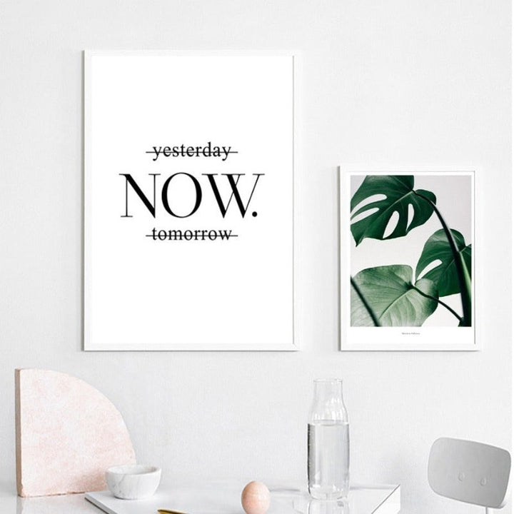 Green Leaves Plants Now Inspiring Quote - Canvas Wall Art Painting