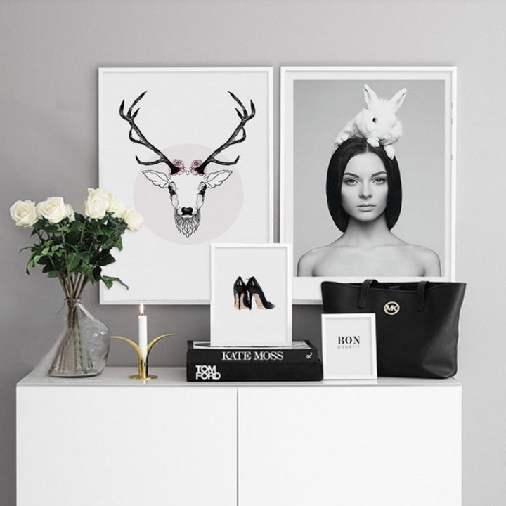 Deer Poster & Print Black Wall - Canvas Wall Art Painting