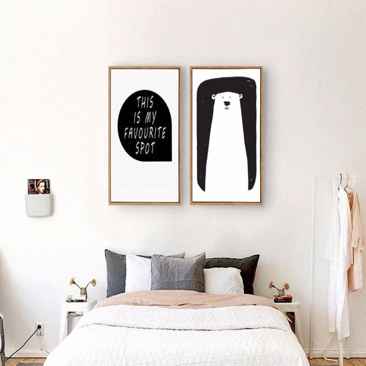 Minimalist Black And White Cartoon Bear Nursery Decor - Canvas Wall Art Painting