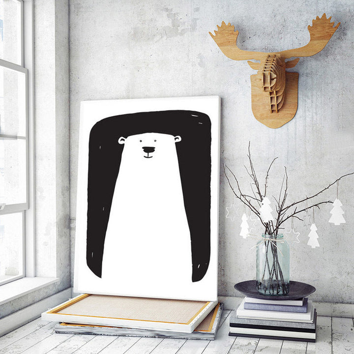 Minimalist Black And White Cartoon Bear Nursery Decor - Canvas Wall Art Painting
