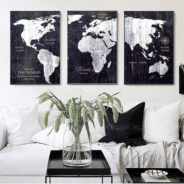 Vintage Black And White World Map Posters Prints - Canvas Wall Art Painting