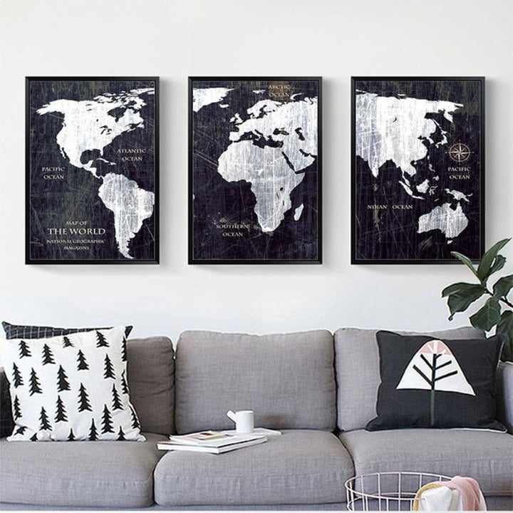 Vintage Black And White World Map Posters Prints - Canvas Wall Art Painting