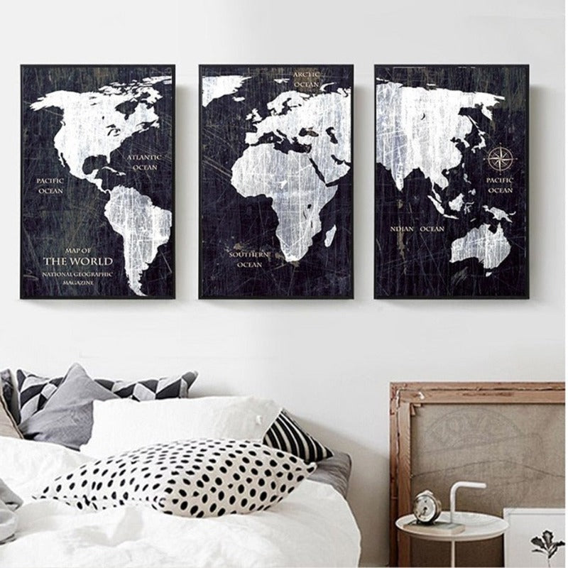 Vintage Black And White World Map Posters Prints - Canvas Wall Art Painting