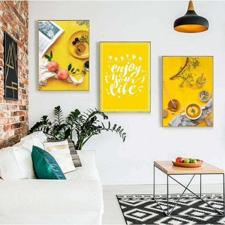 Food Tea Poster Life Quote Yellow Background - Canvas Wall Art Painting