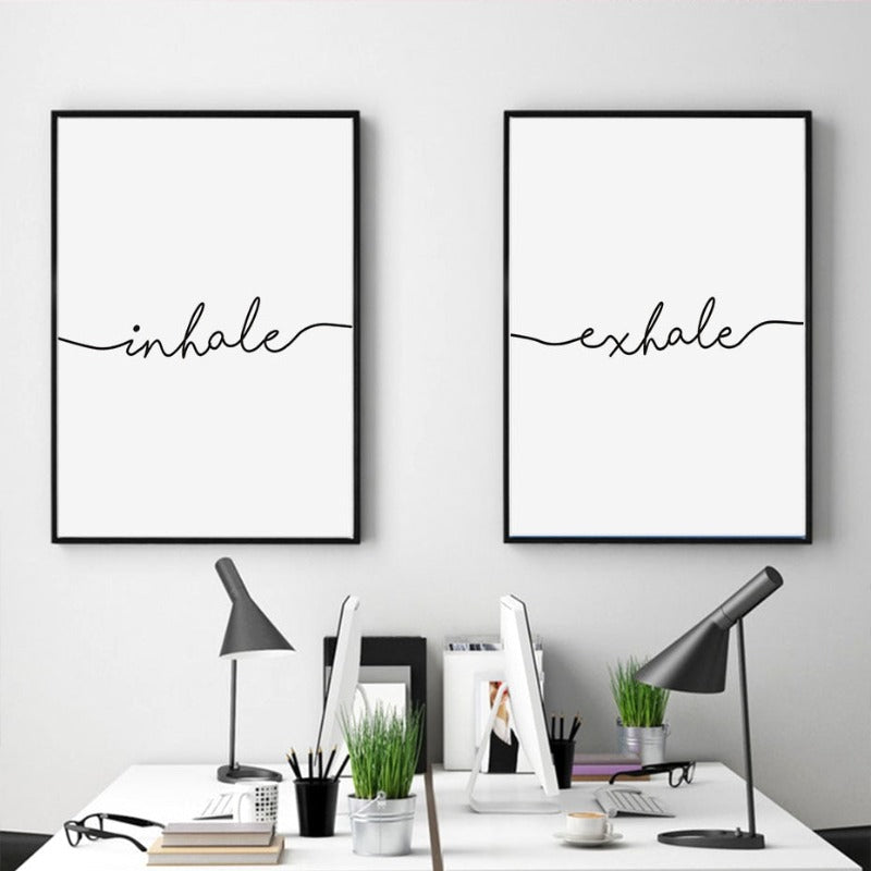 Minimalist Black White Exhale Inhale Letters - Canvas Wall Art Painting