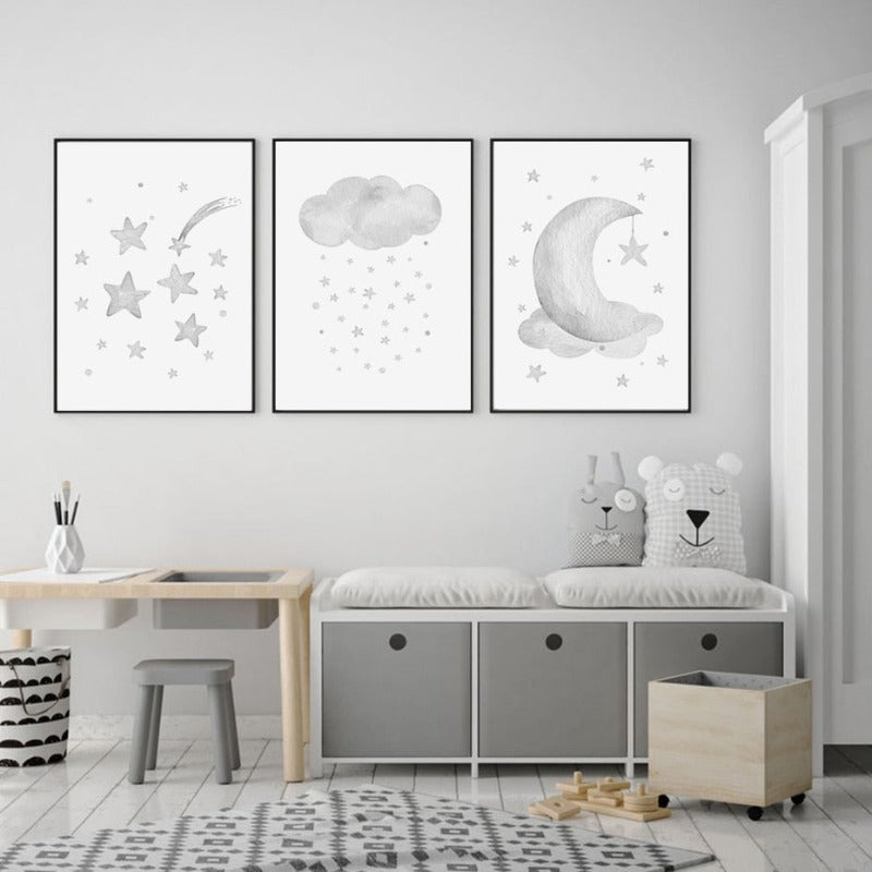 Grey Moon Stars Cloud Nursery - Canvas Wall Art Painting