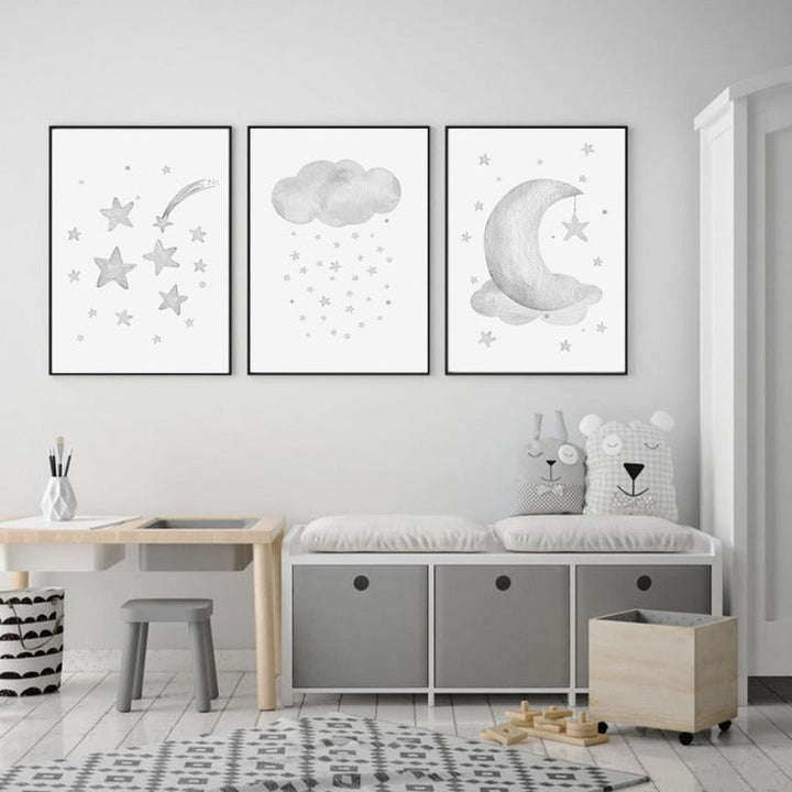 Grey Moon Stars Cloud Nursery - Canvas Wall Art Painting