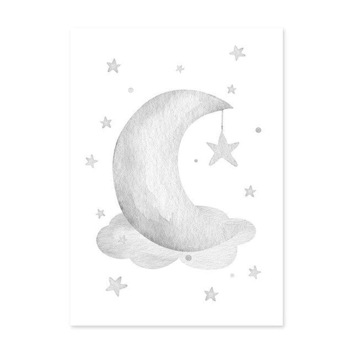 Grey Moon Stars Cloud Nursery - Canvas Wall Art Painting