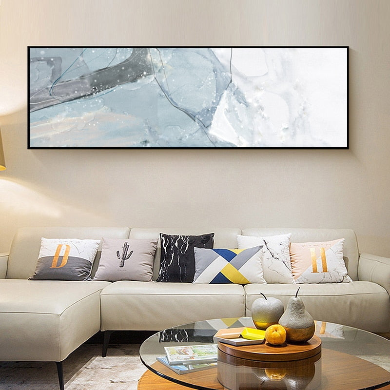 Long Blue Marble Background Bedroom - Canvas Wall Art Painting