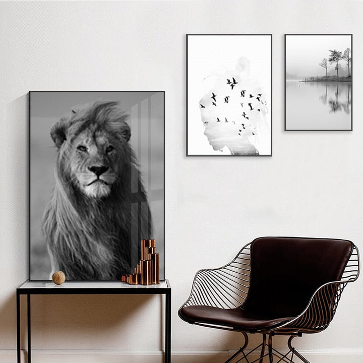 Foggy Sky Lake Lion - Canvas Wall Art Painting