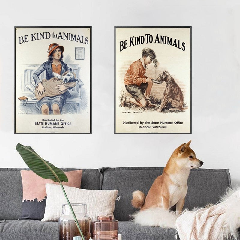 Vintage Be Kind to Animals - Canvas Wall Art Painting