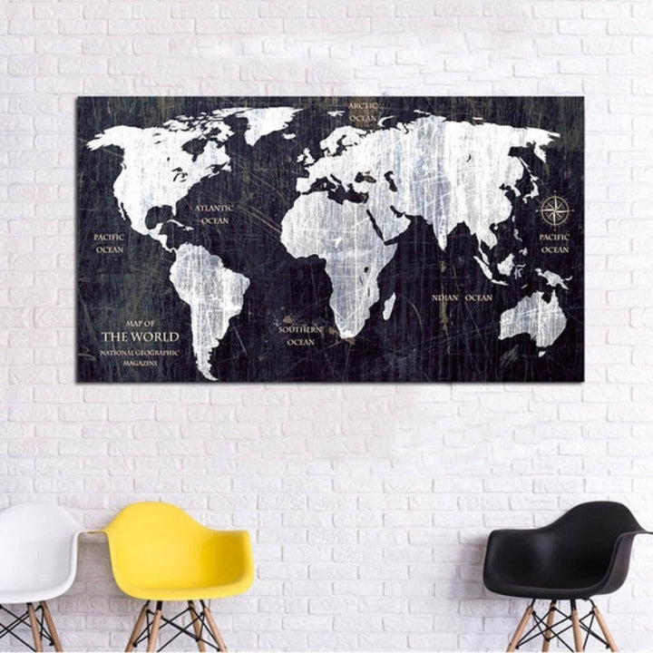 Vintage Black And White World Map Posters Prints - Canvas Wall Art Painting