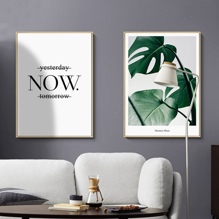 Green Leaves Plants Now Inspiring Quote - Canvas Wall Art Painting