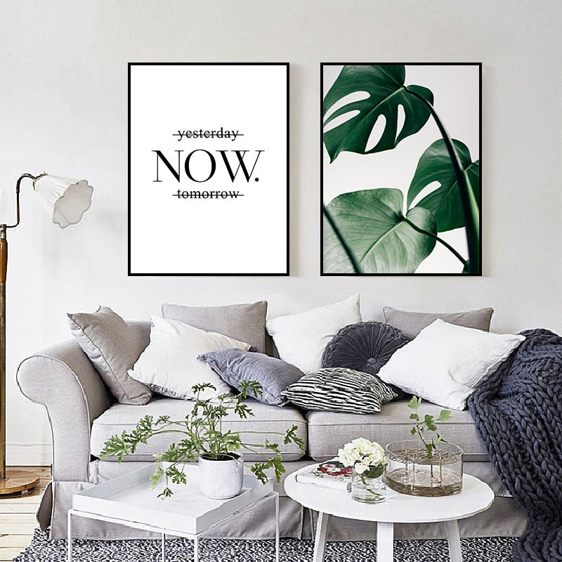 Green Leaves Plants Now Inspiring Quote - Canvas Wall Art Painting