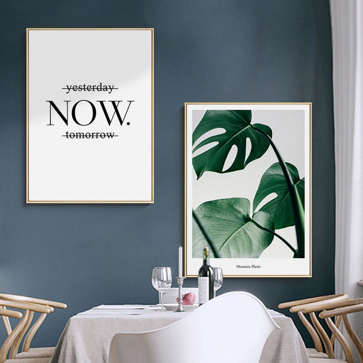 Green Leaves Plants Now Inspiring Quote - Canvas Wall Art Painting