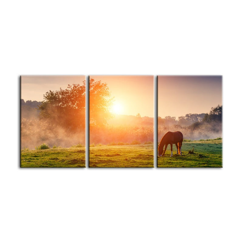 Sunrise Grazing Horse-Canvas Wall Art Painting 3 Pieces