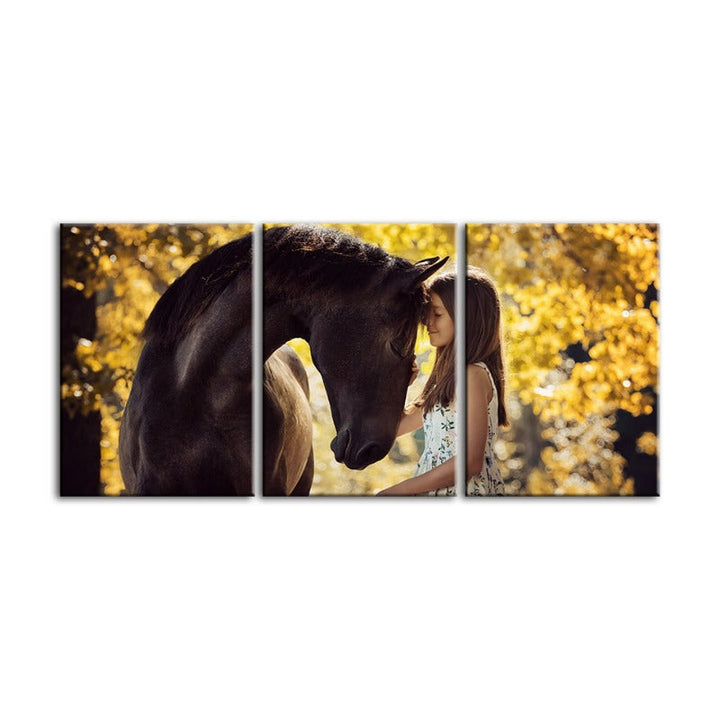 Friendship Between a Girl and Horse-Canvas Wall Art Painting 3 Pieces